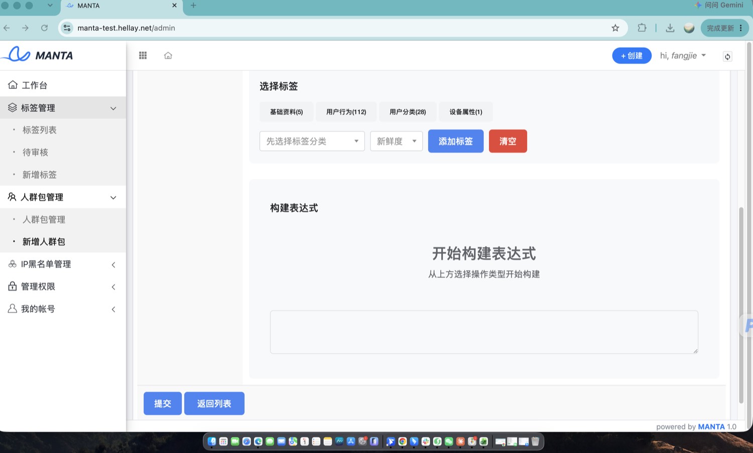 表单下半部分：构建表达式区与「提交 / 返回列表」按钮。