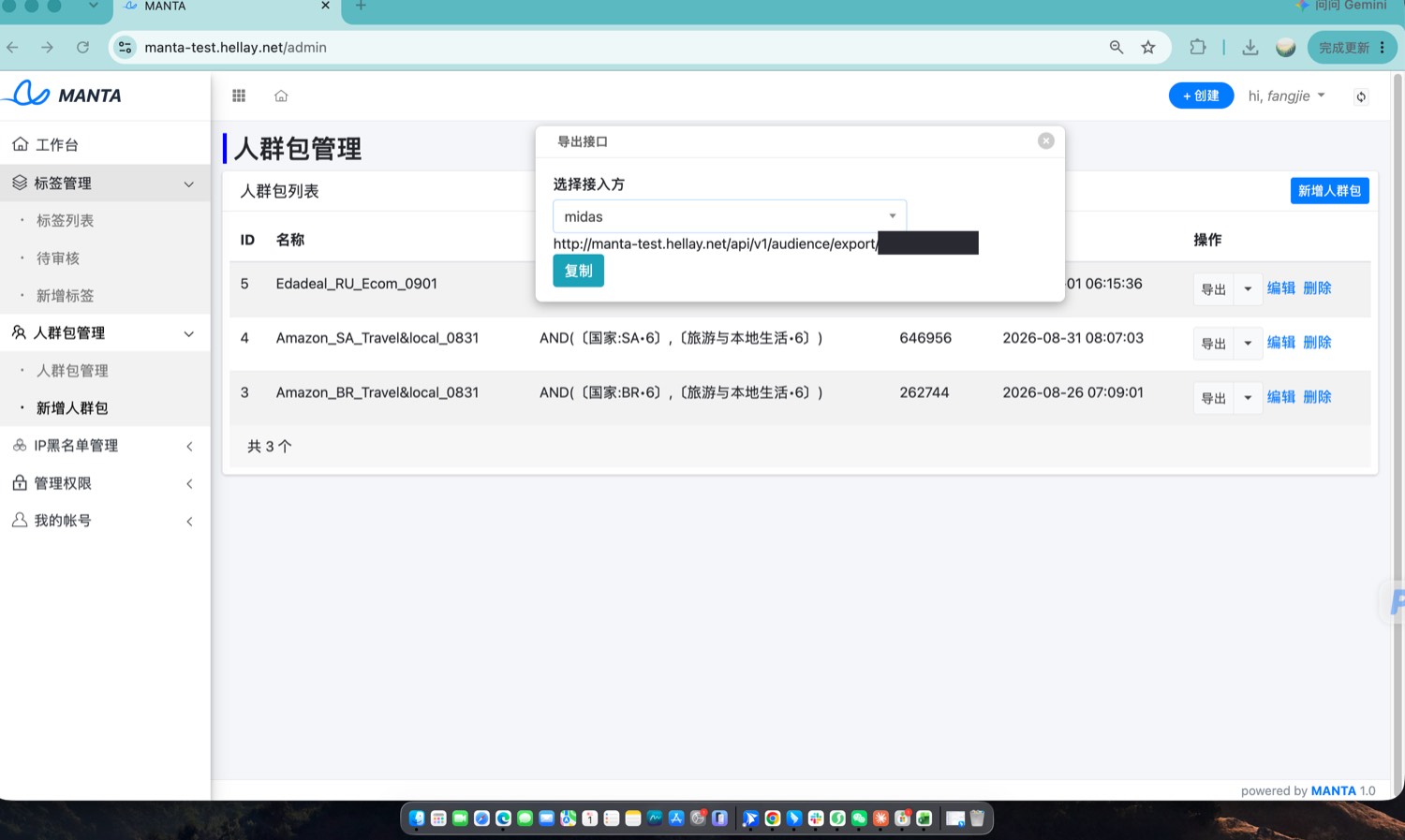 选定 midas 后生成的接口地址（token 段已打码）与「复制」按钮。